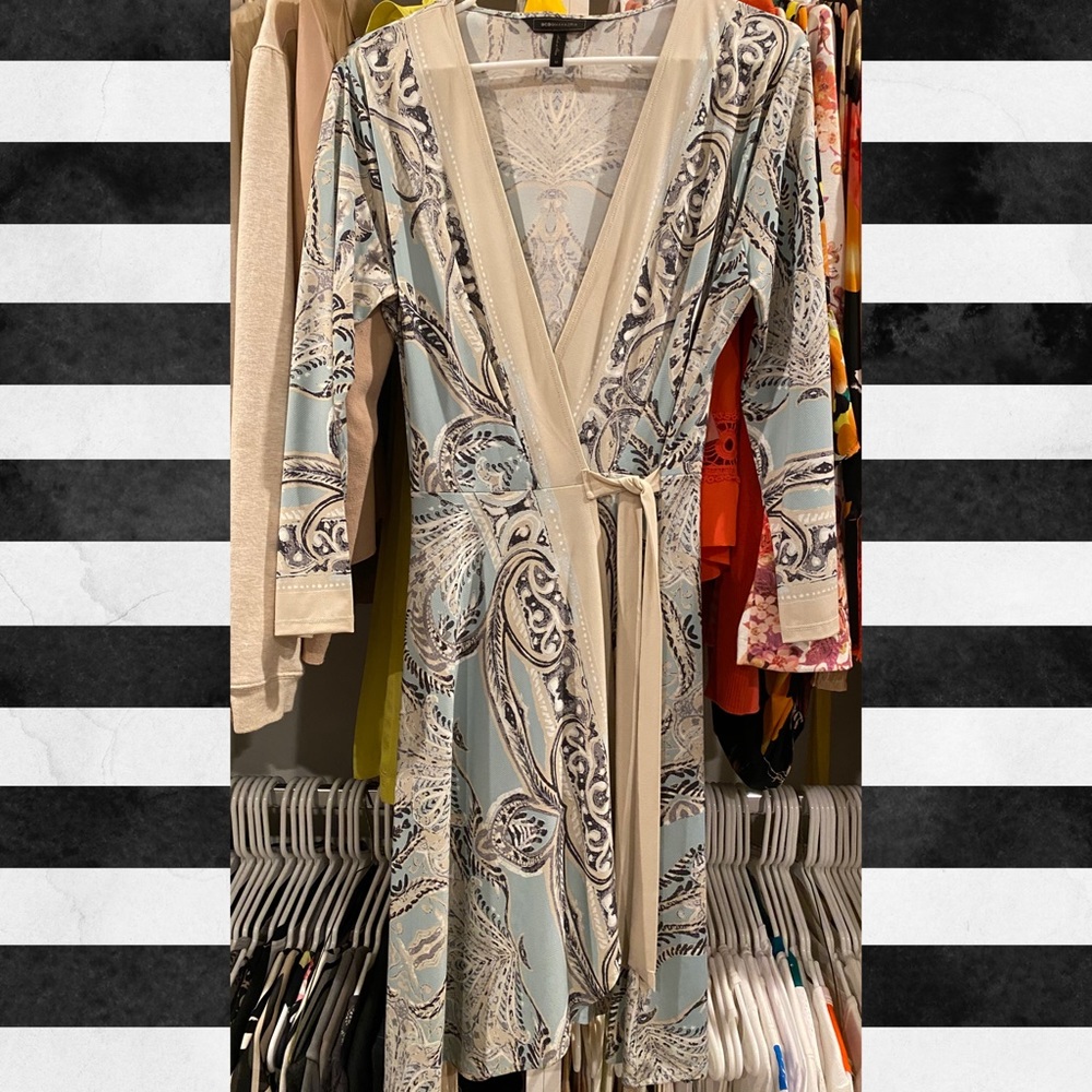 BCBG Print Blue Black Beige Wrap Dress (M)